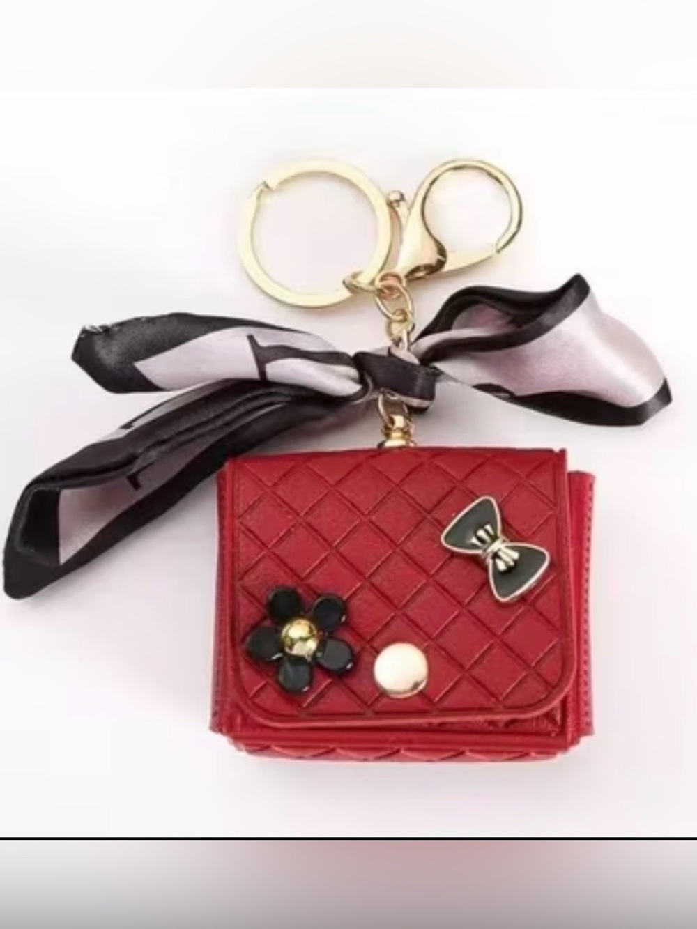 Red Quilted Mini Wallet Keychain with Bow and Flower Charm